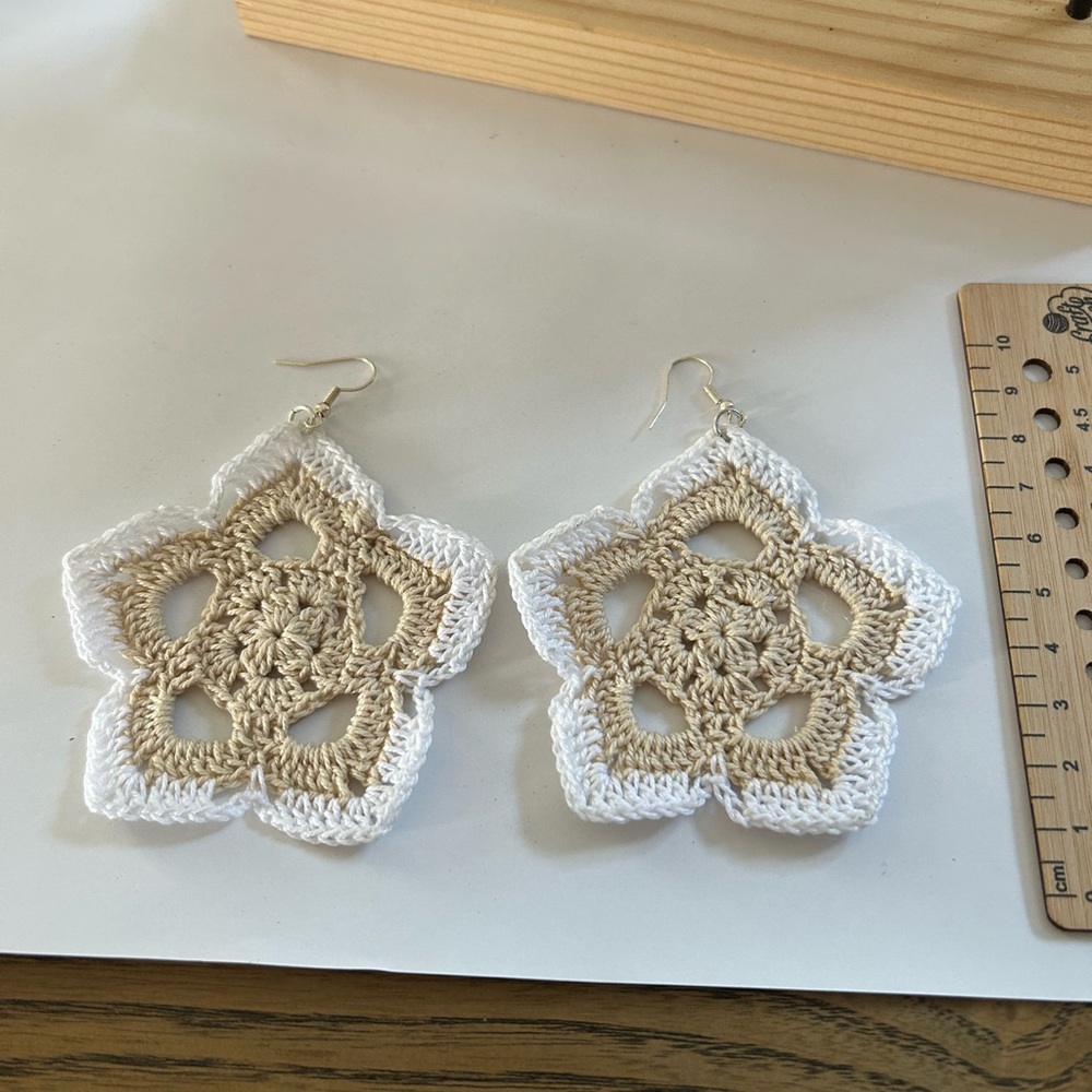 Cream and White Crochet Star Earrings